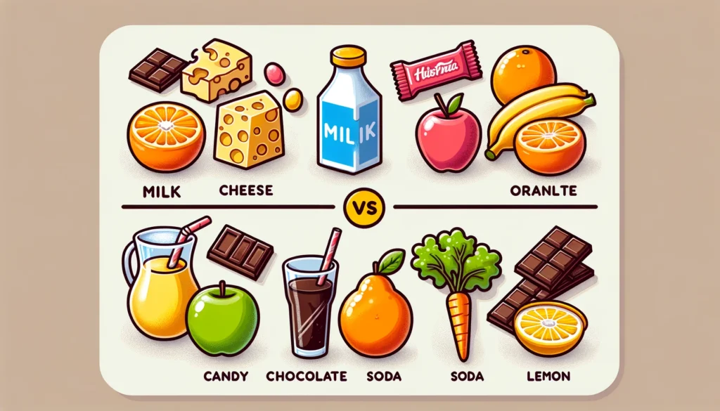 치아에 좋은 음식과 나쁜 음식을 비교하는 일러스트 우유, 치즈, 오렌지, 사과, 당근 대 사탕, 초콜릿, 탄산음료, 레몬